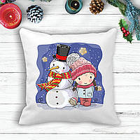 Подушка з новорічним принтом Дівчинка та сніговик