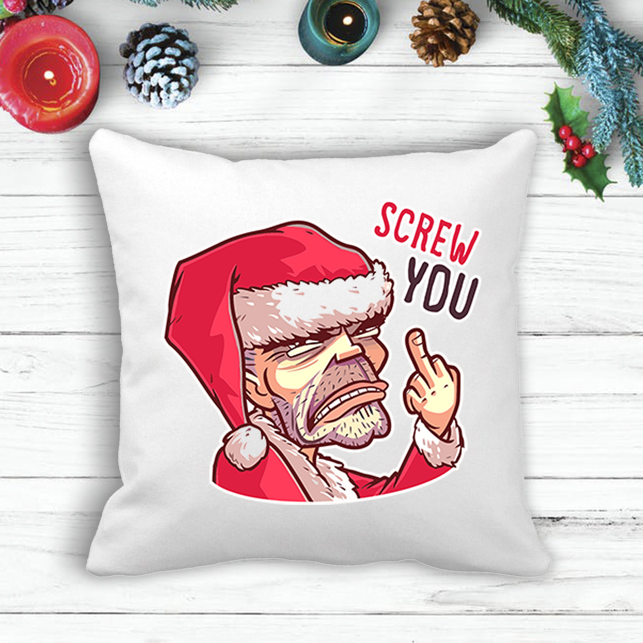 Подушка з новорічним принтом Дід Мороз "Screw you"