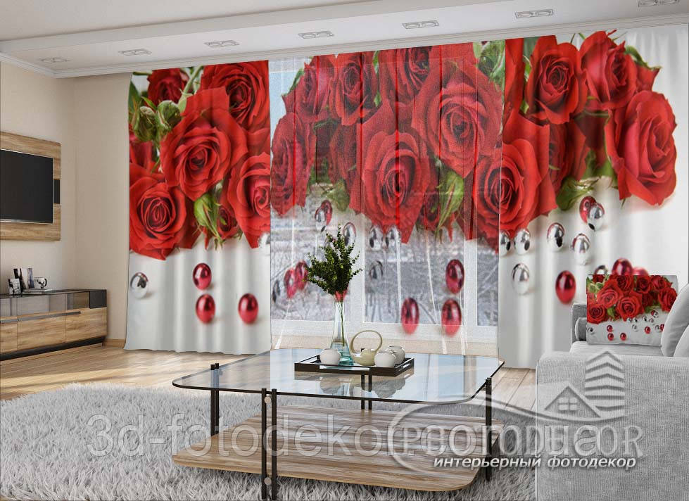 3D - Фото Штори і Тюль "Троянди з намистинками" - будь-який розмір. Читаємо опис!