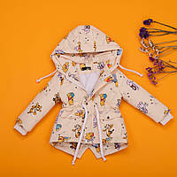 Куртка-парка детская для девочки демисезонная из бежевой плащевки с принтом Винни р 80-134