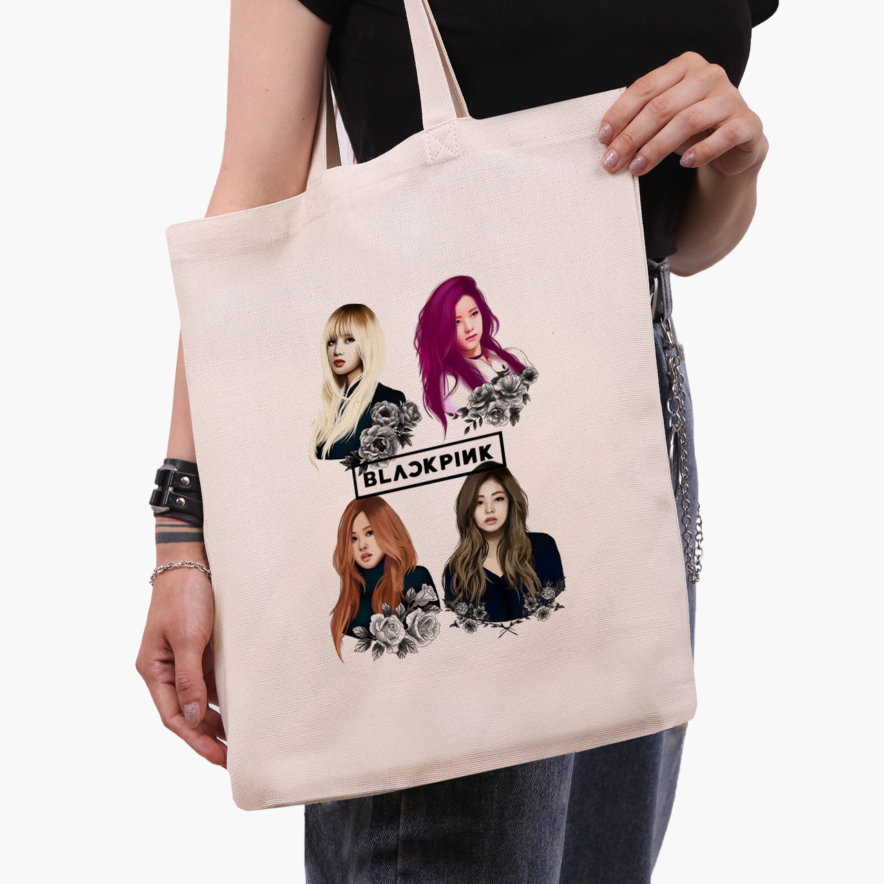 Еко сумка Блек Пінк (BlackPink) бежева канвас з принтом