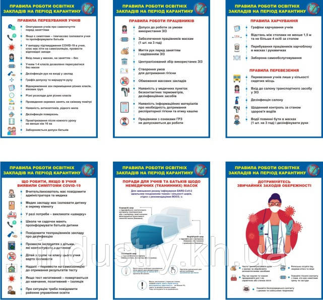 "Правила роботи освітніх закладів на період карантину" (6 плакатів, ф. А3)