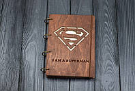 Блокнот деревянный А5 Супермен Темный из фанеры на кольцах, 60 листов (7306)