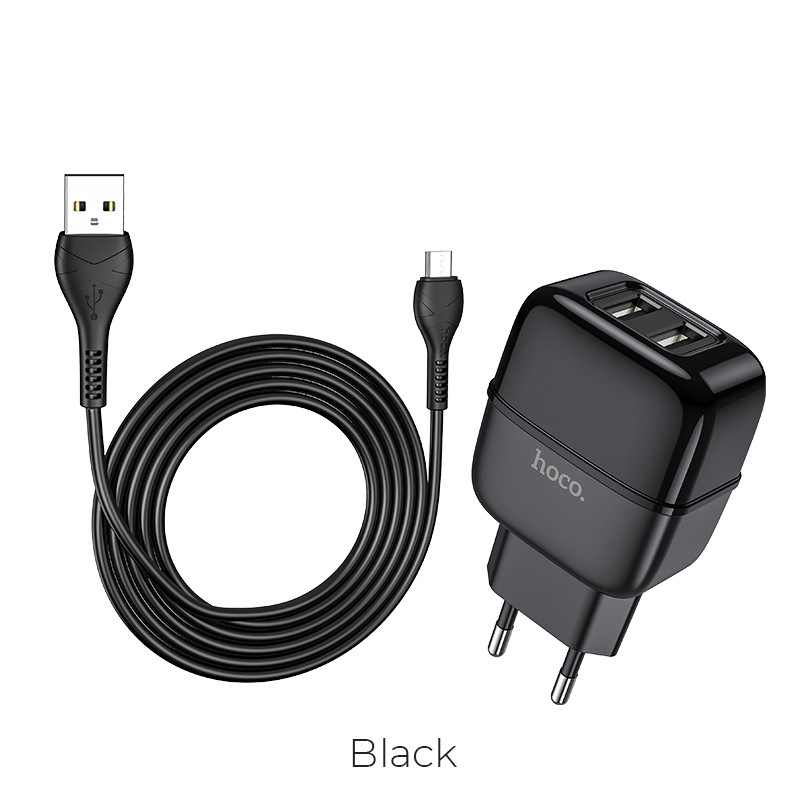 Сетевое зарядное устройство для телефона + кабель MicroUSB HOCO C77A |2USB, 2.4A| Черный - фото 2 - id-p1257481554