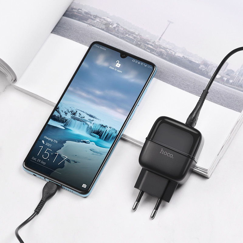 Сетевое зарядное устройство для телефона + кабель MicroUSB HOCO C77A |2USB, 2.4A| Черный - фото 3 - id-p1257481554