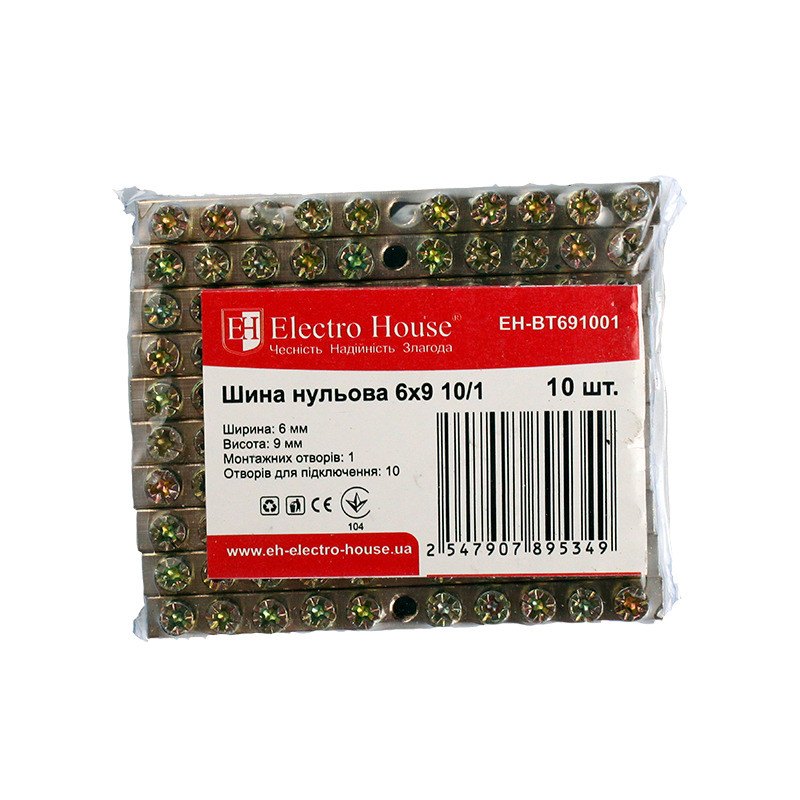 ElectroHouse Шина нульова 6х9 10/1 100A, фото 1