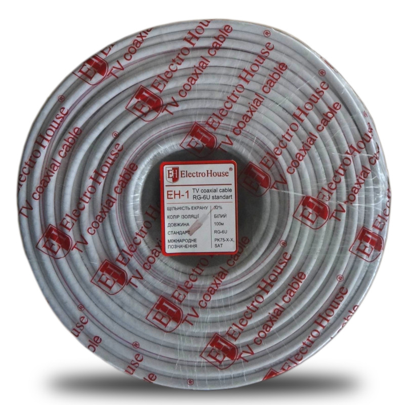 ElectroHouse Телевізійний (коаксіальний) кабель RG-6U CCS 1,02 Al білий ПВХ, фото 1