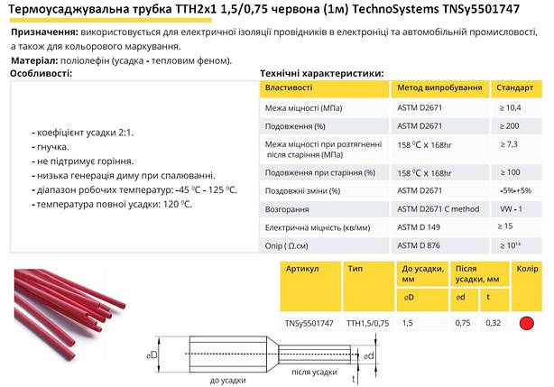 Термоусадочна трубка ТТН2х1 1.5/0.75 червона 1 метр TNSy5501747, фото 3