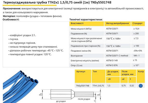 Термоусадочна трубка ТТН2х1 1.5/0.75 синя 1 метр TNSy5501748, фото 3