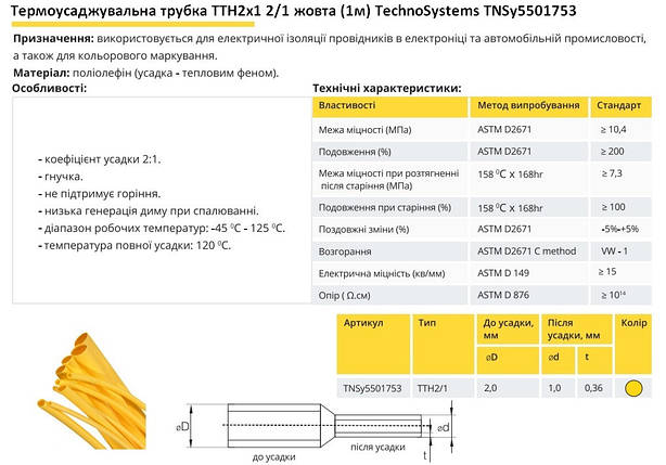 Термоусадочна трубка ТТН2х1 2/1 жовта 1 метр TNSy5501753, фото 3