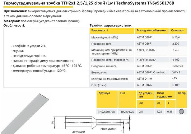 Термоусадочна трубка ТТН2х1 2.5/1.25 сіра 1 метр TNSy5501768, фото 2