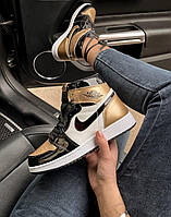 Женские кроссовки Nike Air Jordan 1 Retro High Patent Gold toe Золотистые люкс