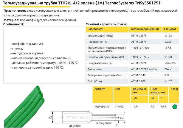 Термоусадочна трубка ТТН2х1 4/2 зелена 1 метр TNSy5501791, фото 3