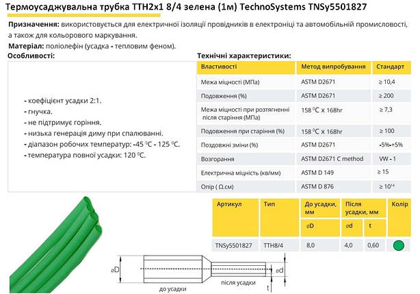 Термоусадочна трубка ТТН2х1 8/4 зелена 1 метр TNSy5501827, фото 3