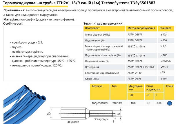 Термоусадочна трубка ТТН2х1 18/9 синя 1 метр TNSy5501883, фото 3