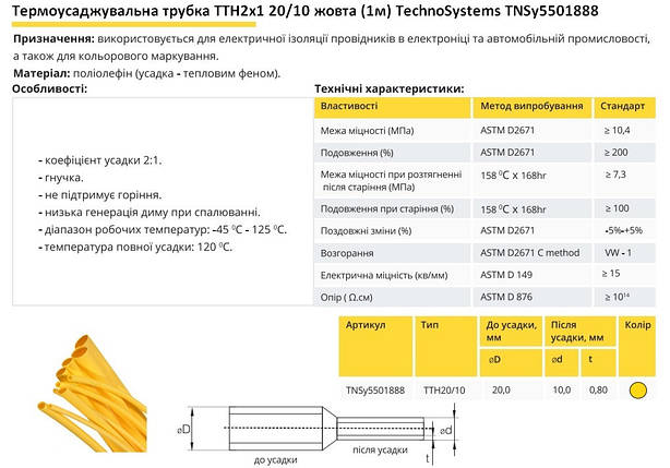 Термоусадочна трубка ТТН2х1 20/10 жовта 1 метр TNSy5501888, фото 3