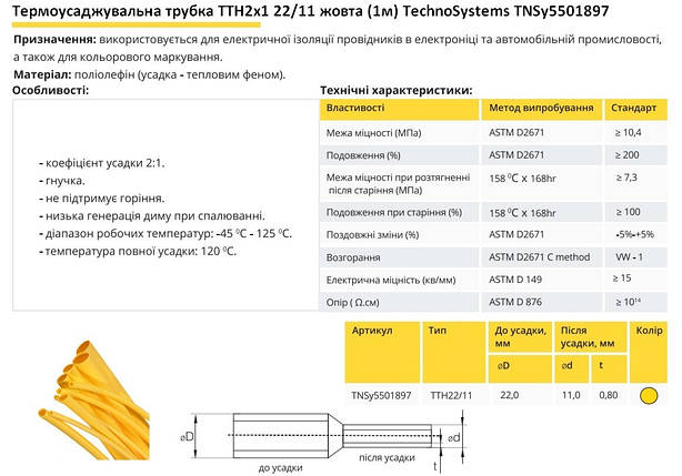 Термоусадочна трубка ТТН2х1 22/11 жовта 1 метр Ny95501897, фото 2
