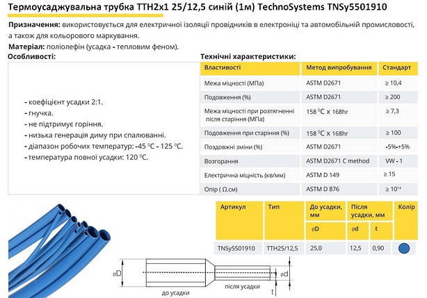 Термоусадочна трубка ТТН2х1 25/12.5 синя 1 метр TNSy5501910, фото 3