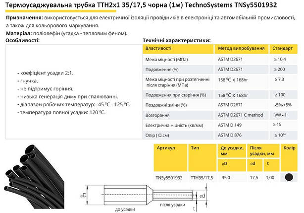 Термоусадочна трубка ТТН2х1 35/17.5 чорна 1 метр TNSy5501932, фото 3