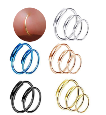 Сережки кільце в ніс із проколом сріблястий колір 6,8,10 мм діаметром 1 шт., фото 1