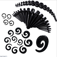 Комбинированный набор растяжек. Плаги и растяжки конусные и спиральные для тоннелей в уши черные (48 шт)