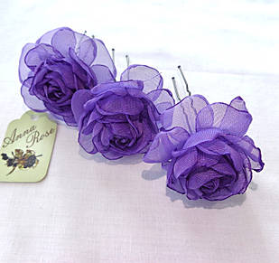 Шпильки для волосся з квітами з тканини ручної роботи "Бузкова чайна троянда"