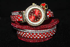 Шикарний червоні жіночі годинник на довгому ремінці з камінням