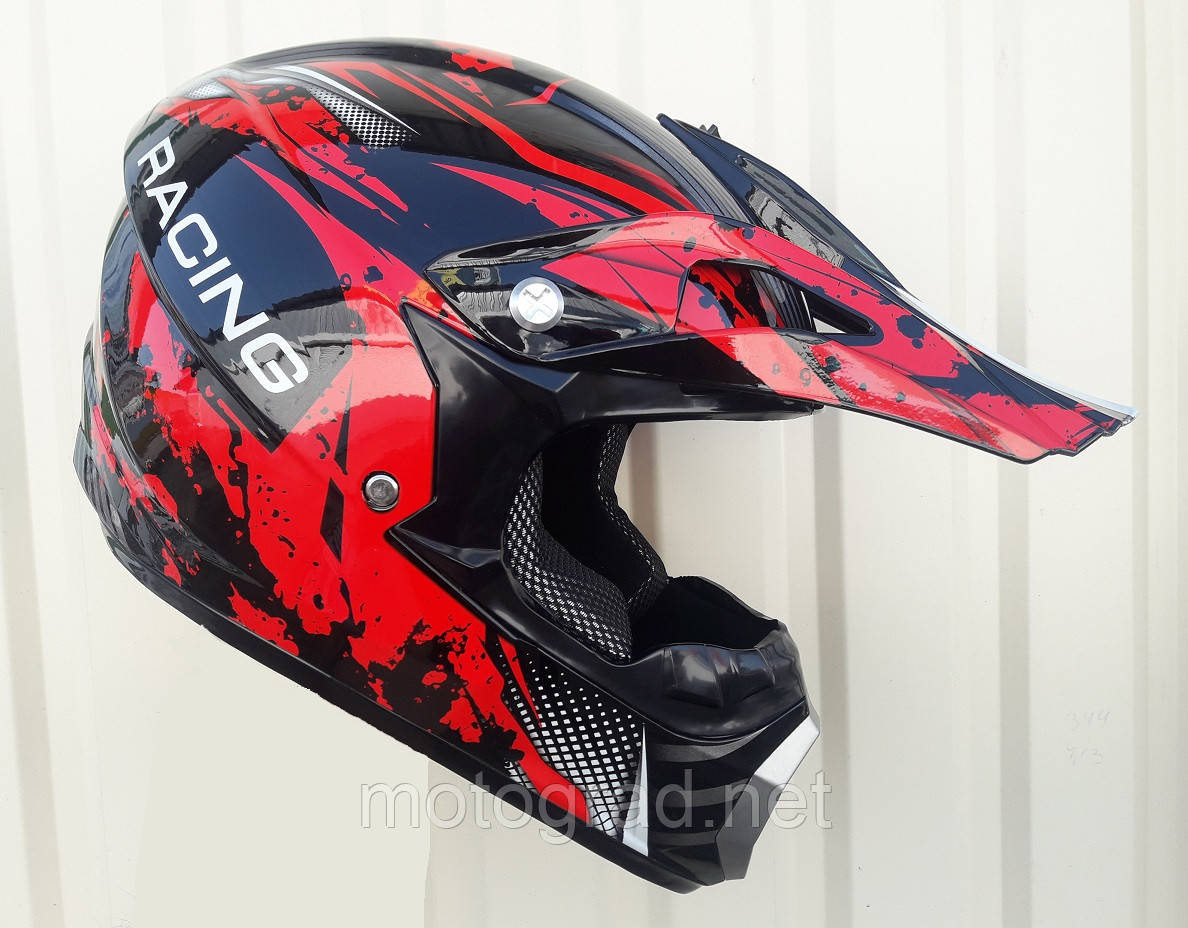 Мото шолом Racing red Gloss з окулярами в комплекті, фото 1