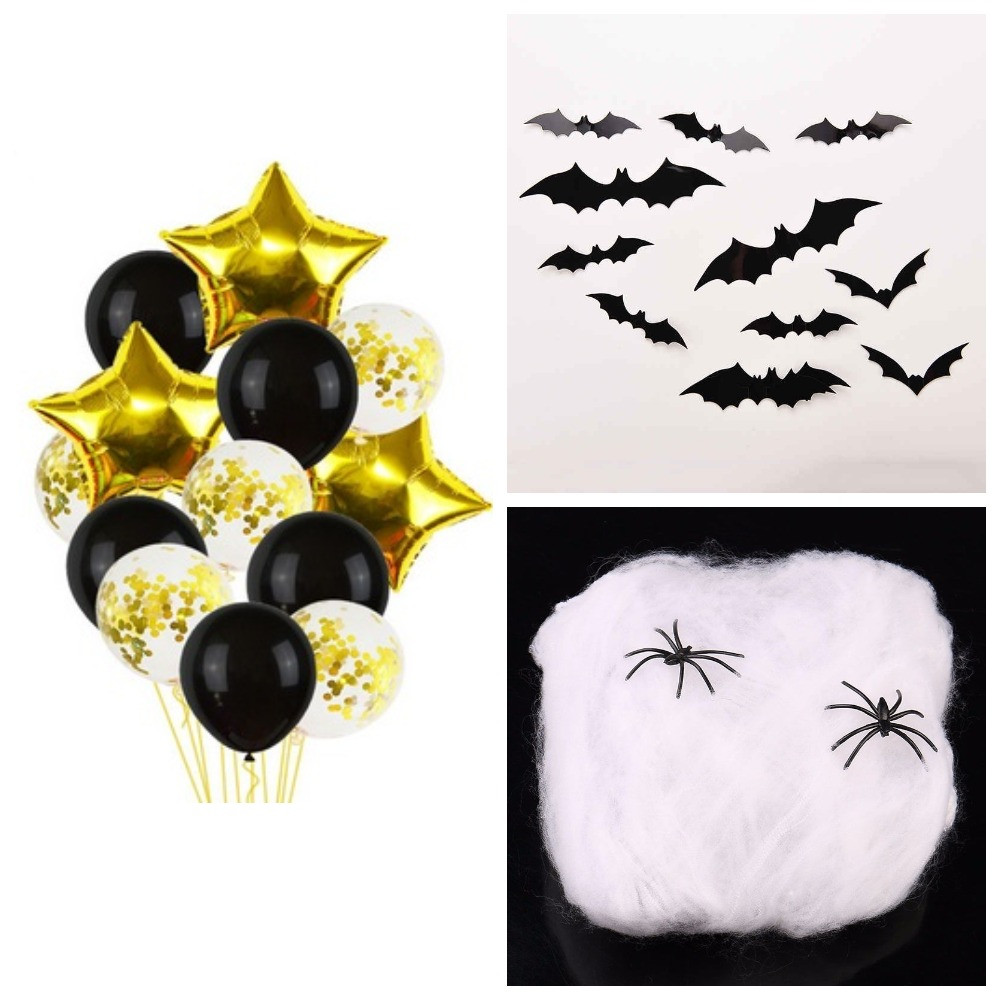 Набір прикрас на Halloween - повітряні кулі + кажани + павутина