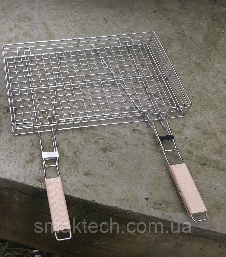 Решітка для барбекю нержавіюча 500х300х60 мм з притискною ґратами і дерев'яною ручкою, фото 1
