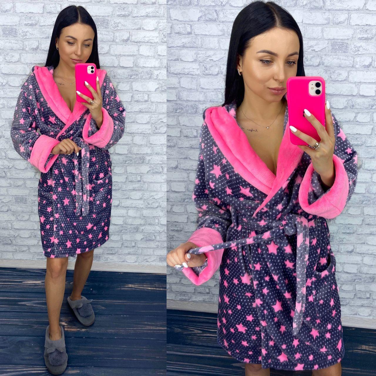 Жіночий теплий халат із капюшоном і поясом у зірочку, фото 1