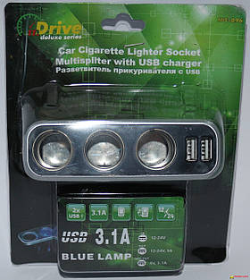 Прикурка-трійник з подовжить./2USB "inDrive" IDC-096 12/24V/LED синя підсвітка