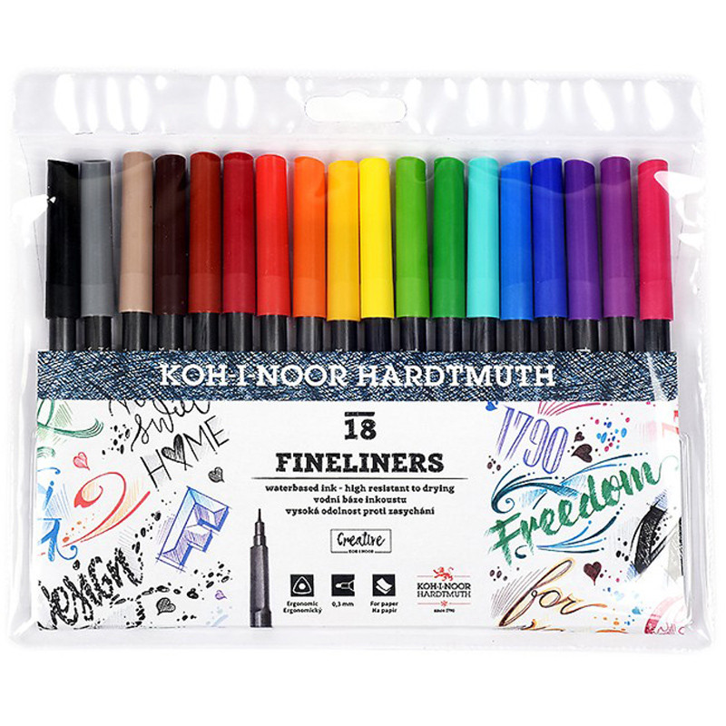 Лінери для малювання Koh-i-Noor набір 0,3 мм 18 кольорів 777018