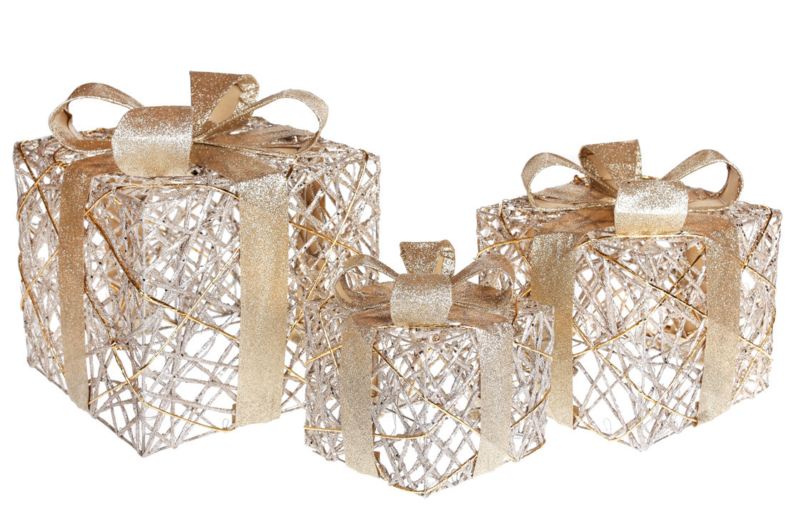 Набір декоративних подарунків (3шт) з підсвічуванням (2 режиму - з функцією миготіння і без), 15см, 20см, 25см