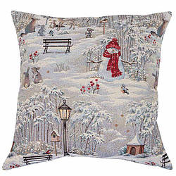 Новорічна наволочка гобеленова Зимова прогулянка 45*45 см одностороння наволочка