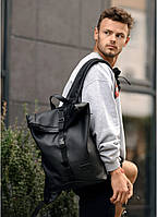 Стильний чоловічий рюкзак роллтоп рол чорний міський, для ноутбука 15,6 повсякденний еко-шкіра