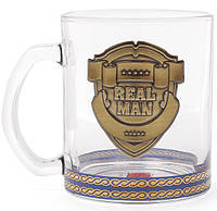 Чашка стеклянная 335мл с металлической эмблемой "REAL MAN"