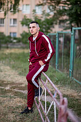 Повсякденний чоловічий спортивний костюм толстовка з брюками з лампасами бордового кольору