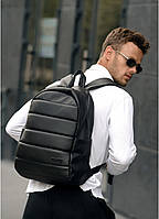 Классический черный мужской рюкзак из эко-кожи (качественного кожзама) деловой, офисный, для ноутбука 15,6