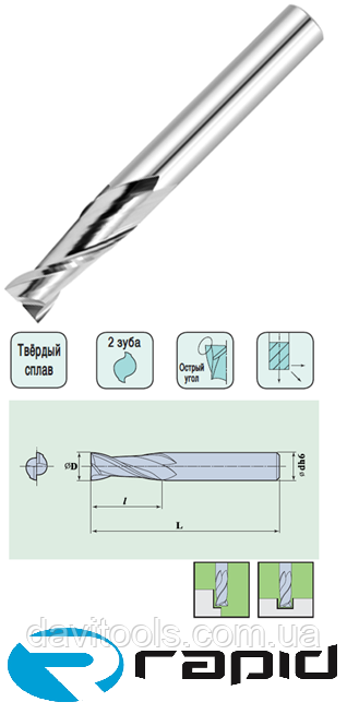 Плоский Торець 2 Зуба D 3 d 3 L40 I 12 z 2 Спіральна., фото 1