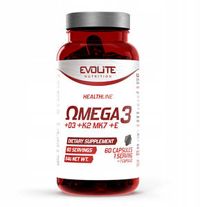 Омега-3 з жиророзчинними вітамінами Evolite Nutrition Omega 3 + D3 2000IU + K2 MK7 + E 60 капс.