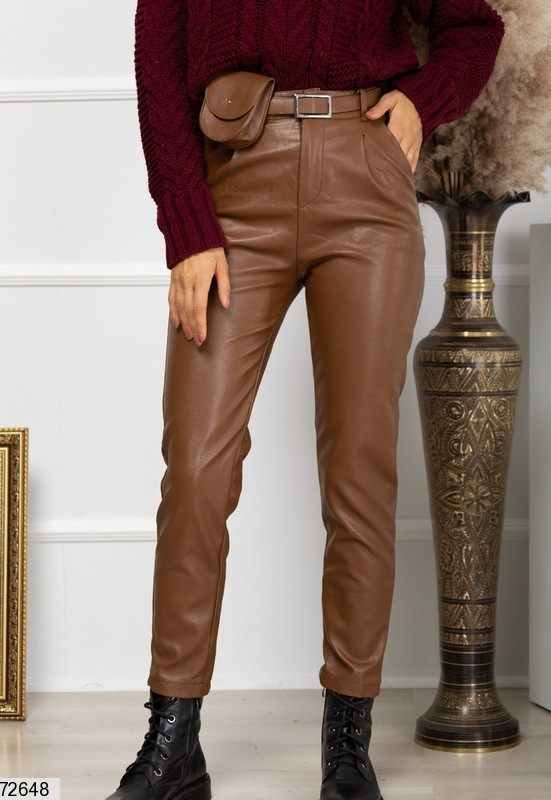 Р. 40-46 Жіночі шкіряні брюки з високою талією коричневі
