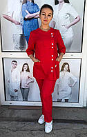 Медичний костюм жіночий на гудзиках червоного кольору Венеція-х/б,незвичайний, р. 42-58.