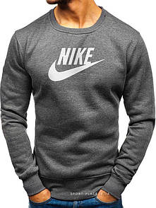 Утеплений чоловічий світшот Nike (Найк) ЗИМА темно сірий з начосом (велика біла емблема) толстовка лонгслив
