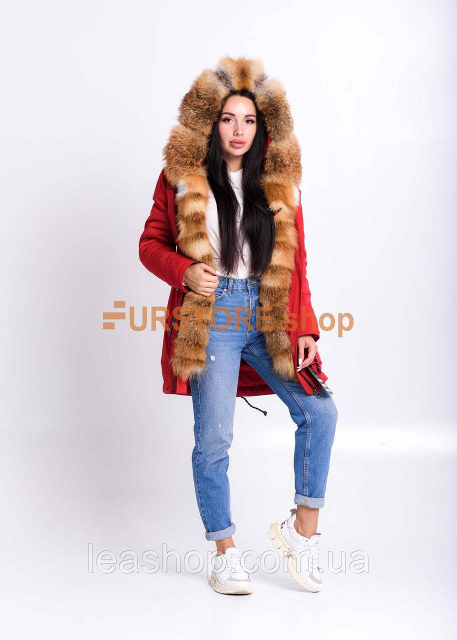 Червона куртка парку з хутром української лисиці, фото 1