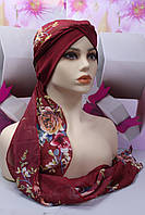 Чалма 54-60 рр шапка шифоновая на трикотажной повязке бордовая с принтом цветы летняя "Вуалька"