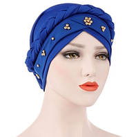 Ярко синяя нарядная шапка чалма хиджаб украшена бусинами