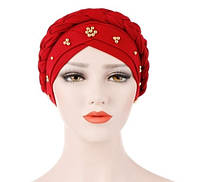Модная шапка чалма хиджаб с косой украшена бусинами красная