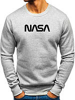 Утепленный мужской свитшот NASA (Наса) ЗИМА светло серый с начесом (большая эмблема) толстовка лонгслив