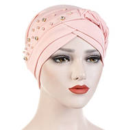 Яркая модная шапка чалма хиджаб цвет розовый с косой бусинами и камнями
